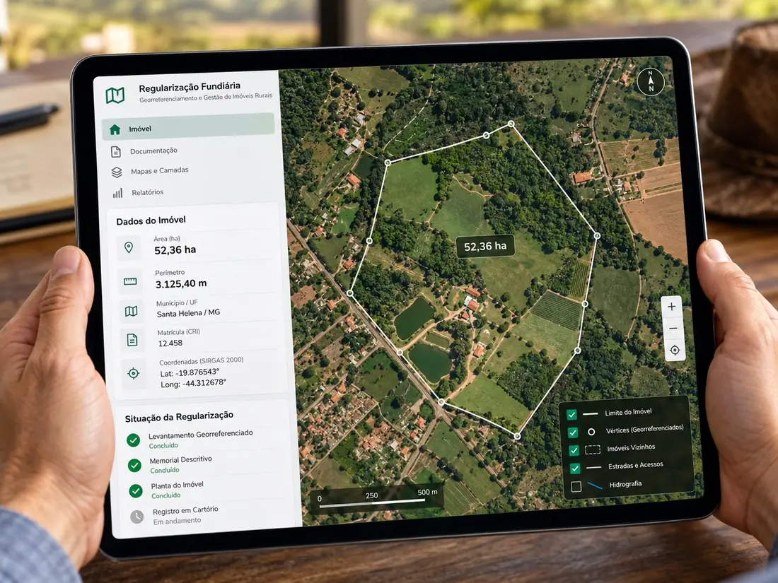Tablet com mapa de satélite de um imóvel rural, o perímetro georreferenciado de 52,36 ha e as etapas da regularização
